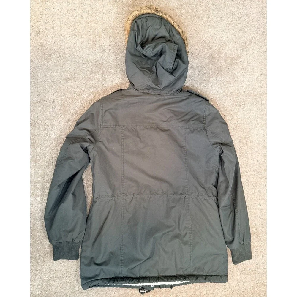 Levis Parka Jacket Mens Medium Green Sherpa Lined Faux Fur Trim Utility FLAWS